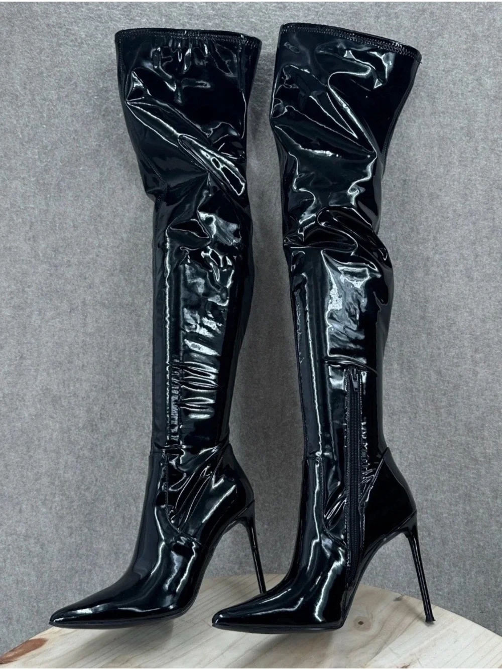 Steve Madden Viktory Patent Faux Leather Thigh High Stiletto Boots Toe Over Knee